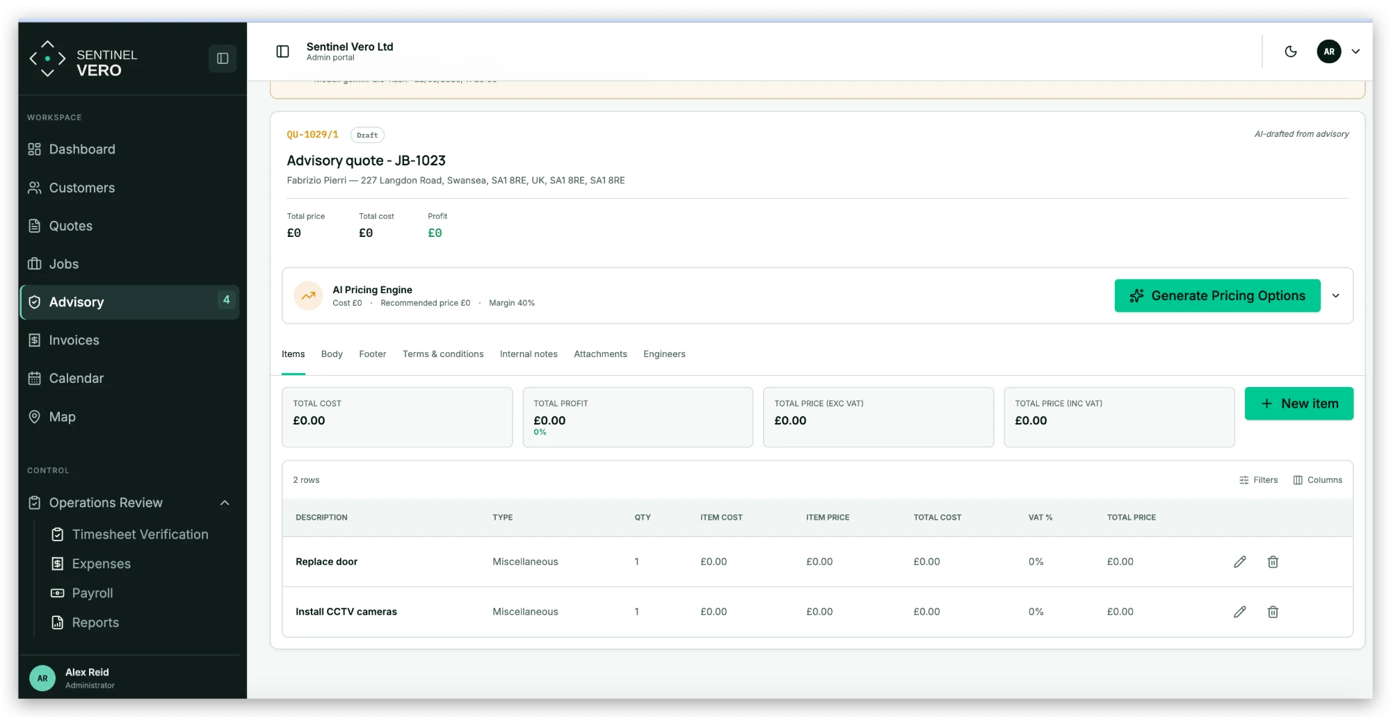 Step 3. A quote ready to price and send in Sentinel Vero